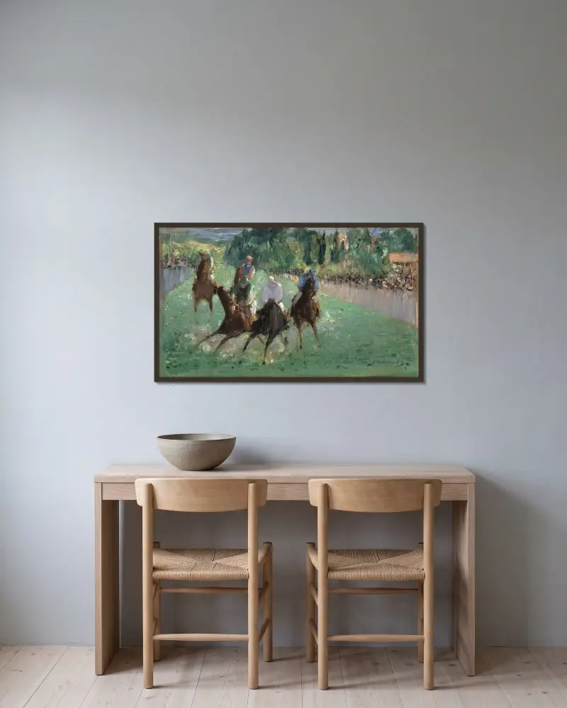 Bei den Pferderennen von Édouard Manet gerahmt an einer Wand