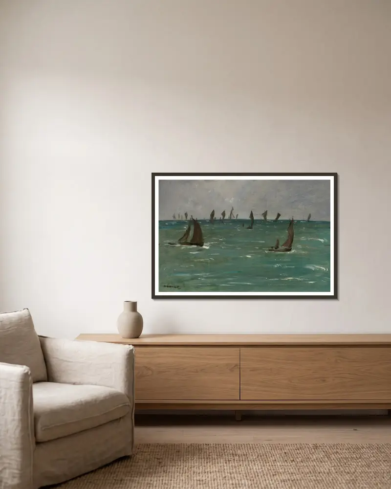 Boats at Berck-sur-Mer av Édouard Manet inramad på en vägg