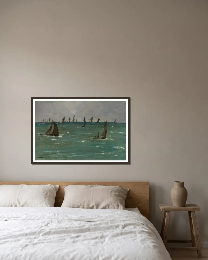 Boats at Berck-sur-Mer av Édouard Manet inramad på en vägg
