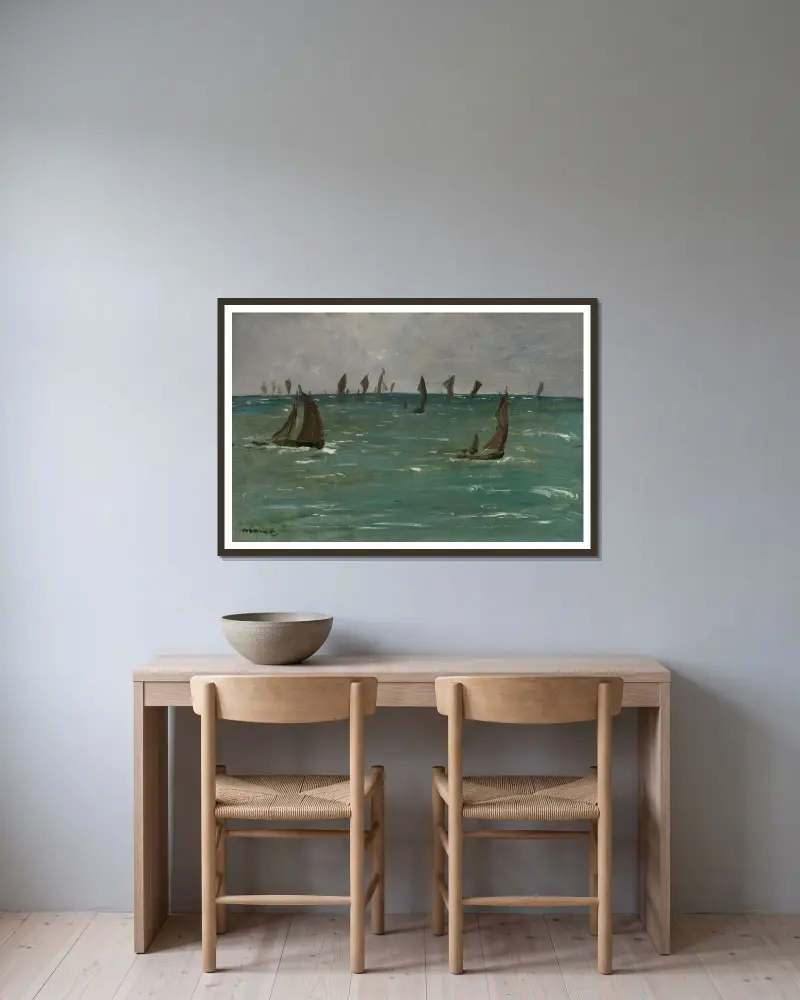 Boats at Berck-sur-Mer av Édouard Manet inramad på en vägg