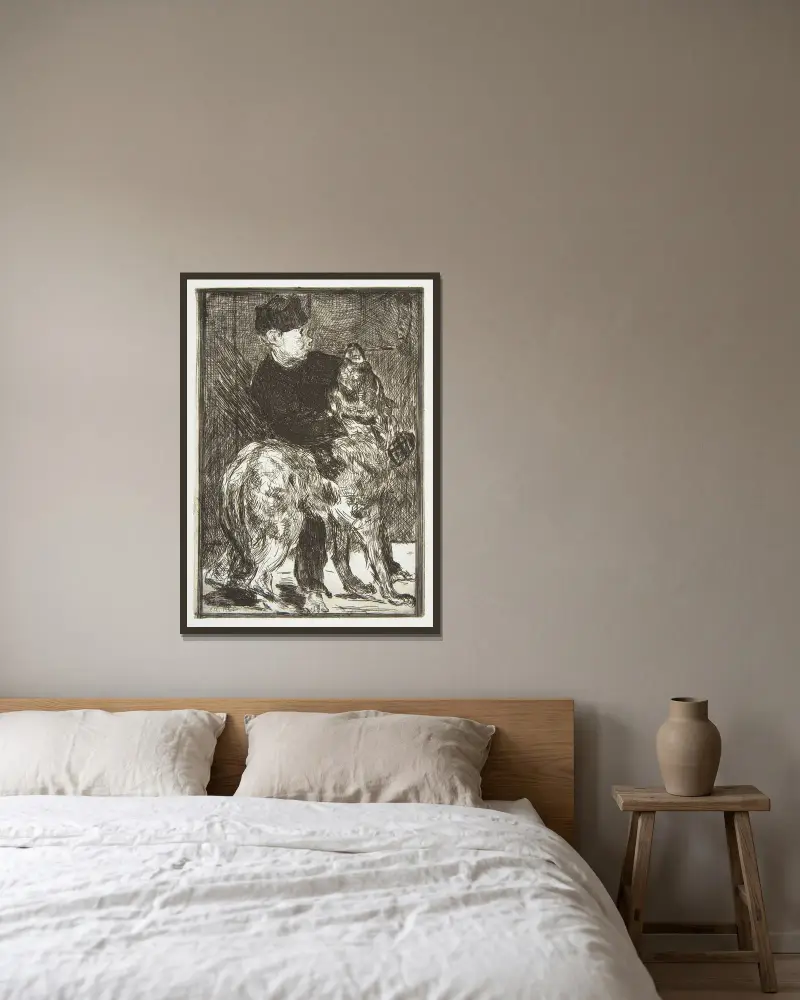 Junge mit Hund von Édouard Manet gerahmt an einer Wand