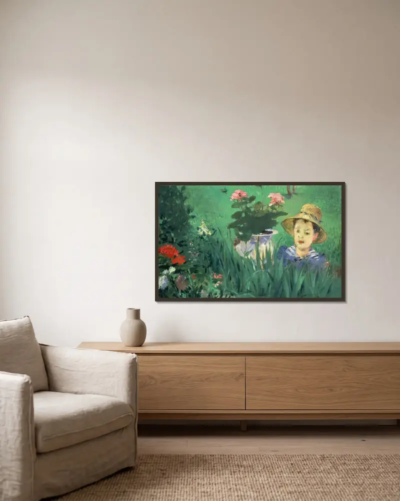 Junge in Blumen (Jacques Hoschedé) von Édouard Manet gerahmt an einer Wand