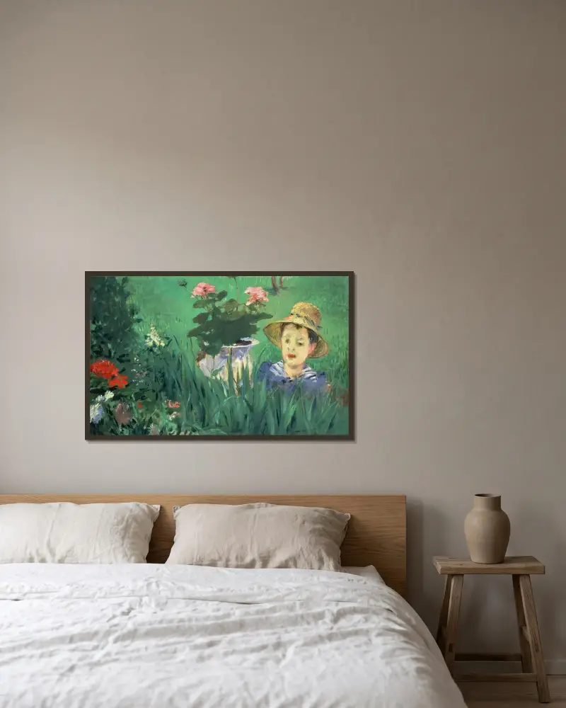 Junge in Blumen (Jacques Hoschedé) von Édouard Manet gerahmt an einer Wand