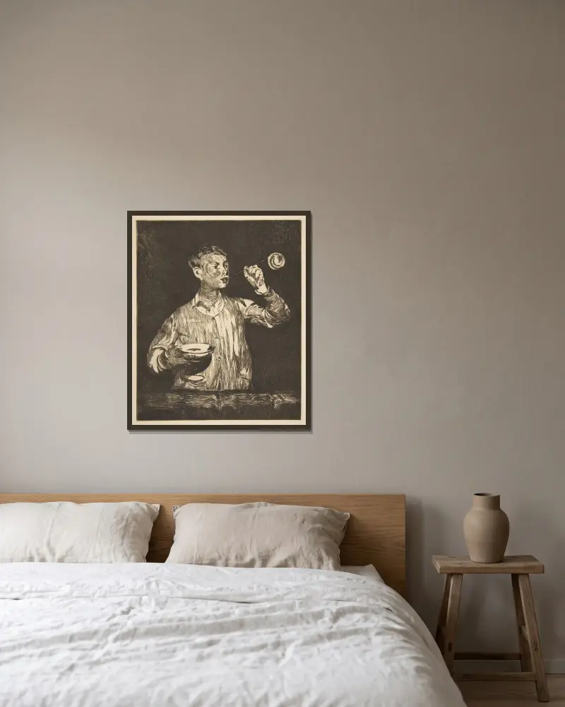 Junge mit Seifenblasen von Édouard Manet gerahmt an einer Wand