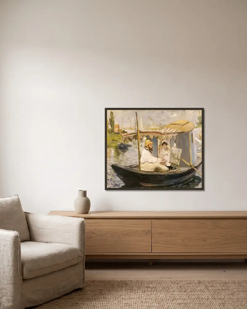 Claude Monet painting in his studio boat av Édouard Manet inramad på en vägg