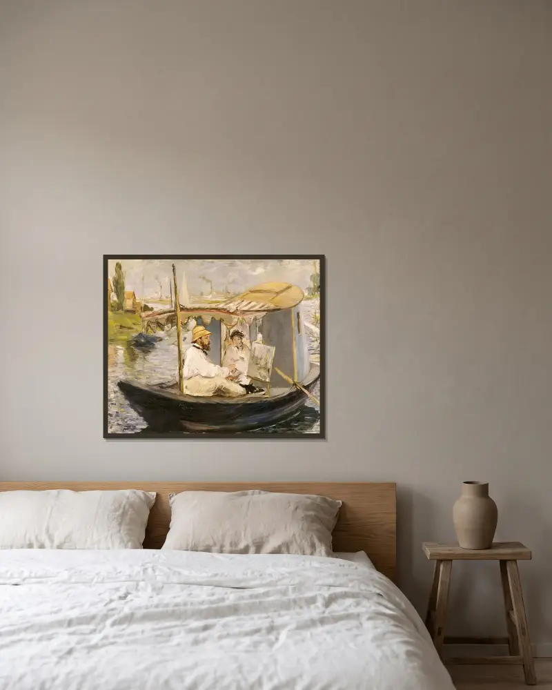 Claude Monet painting in his studio boat av Édouard Manet inramad på en vägg