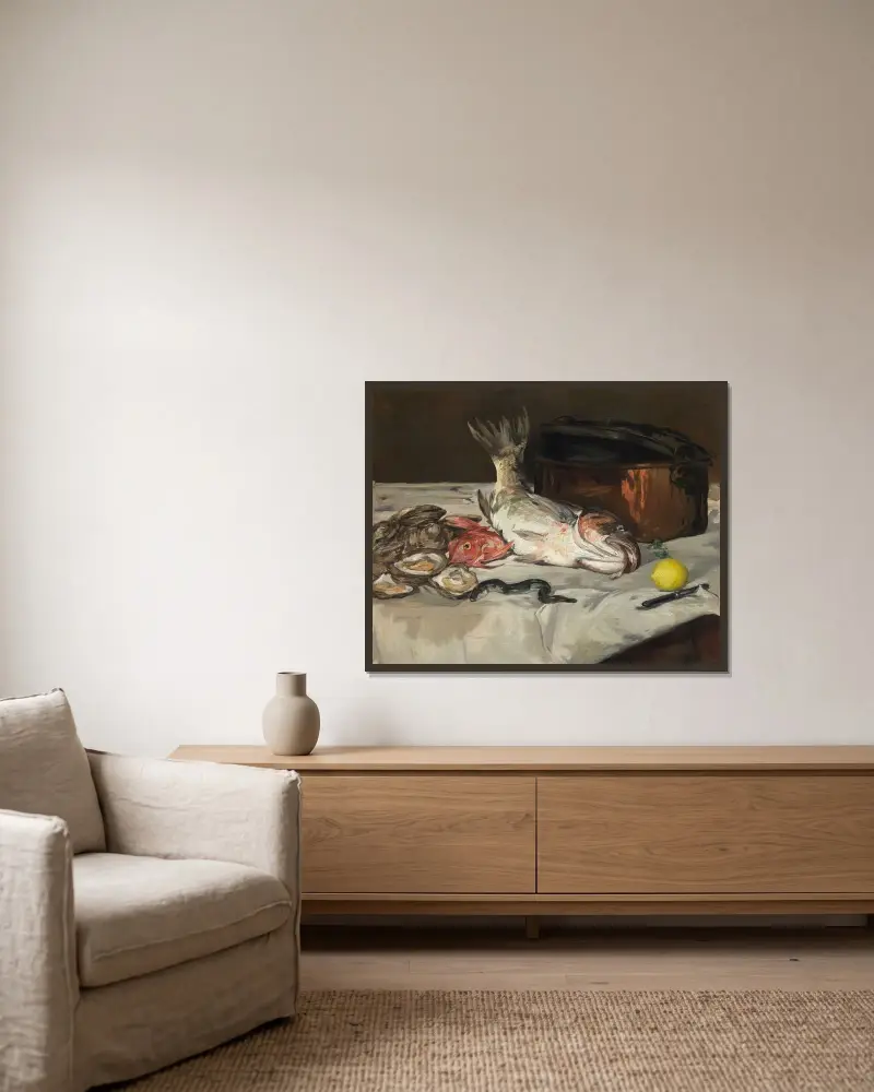 Fisch (Stillleben) von Édouard Manet gerahmt an einer Wand