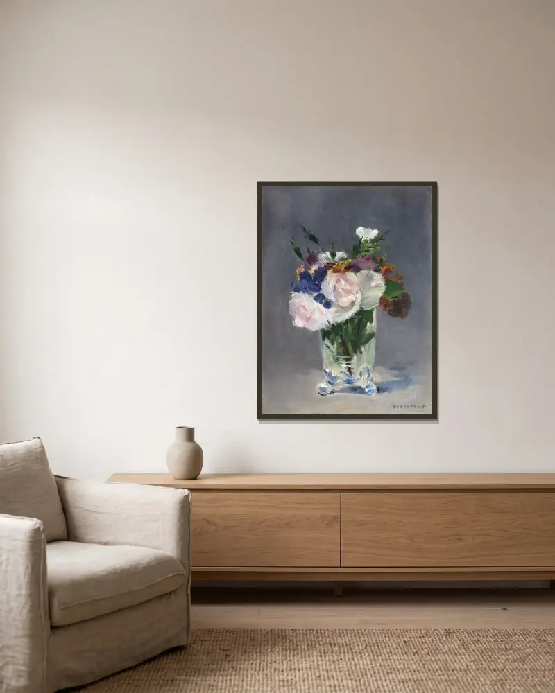 Flowers in a Crystal Vase av Édouard Manet inramad på en vägg