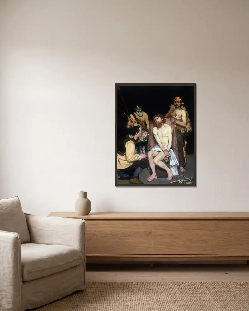 Jesus Mocked by the Soldiers av Édouard Manet inramad på en vägg