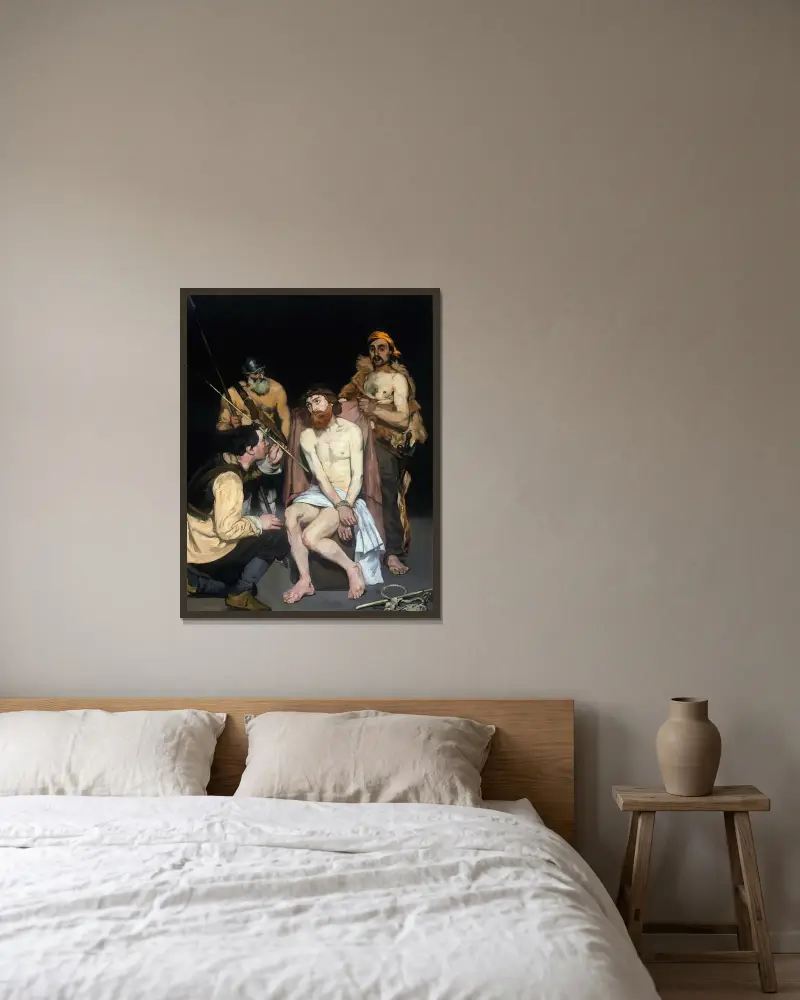 Jesus Mocked by the Soldiers av Édouard Manet inramad på en vägg