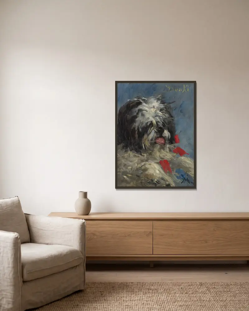 Der Hund 'Donki' von Édouard Manet gerahmt an einer Wand
