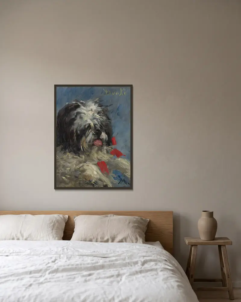 Der Hund 'Donki' von Édouard Manet gerahmt an einer Wand