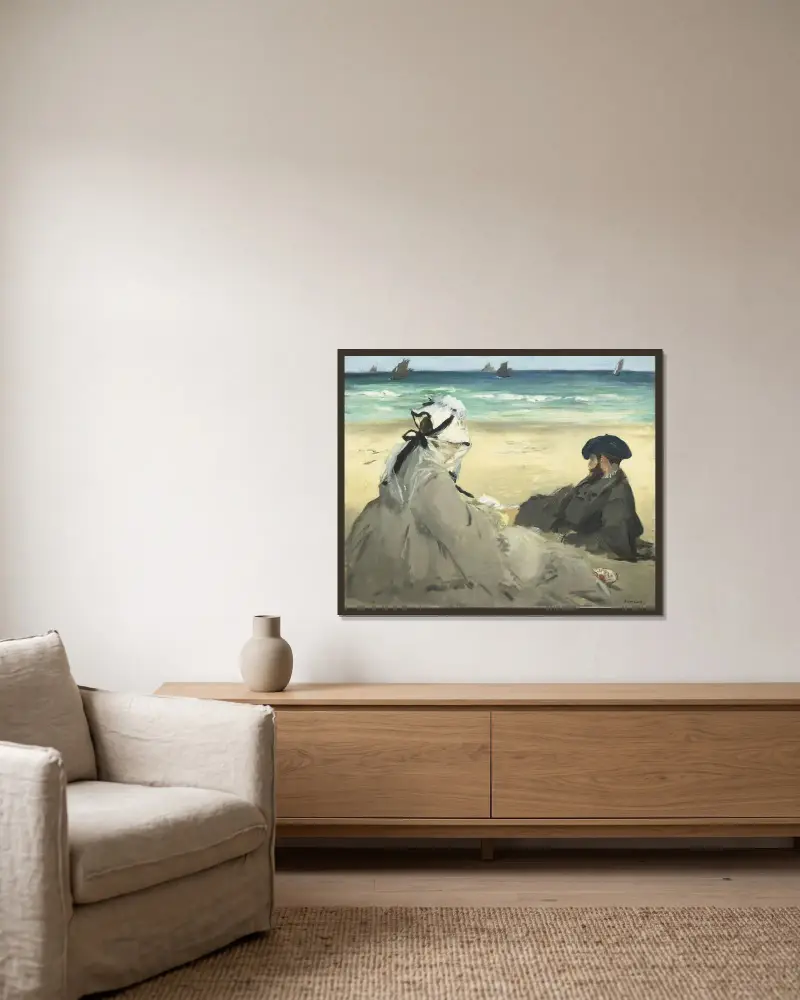Am Strand, 1873 von Édouard Manet gerahmt an einer Wand