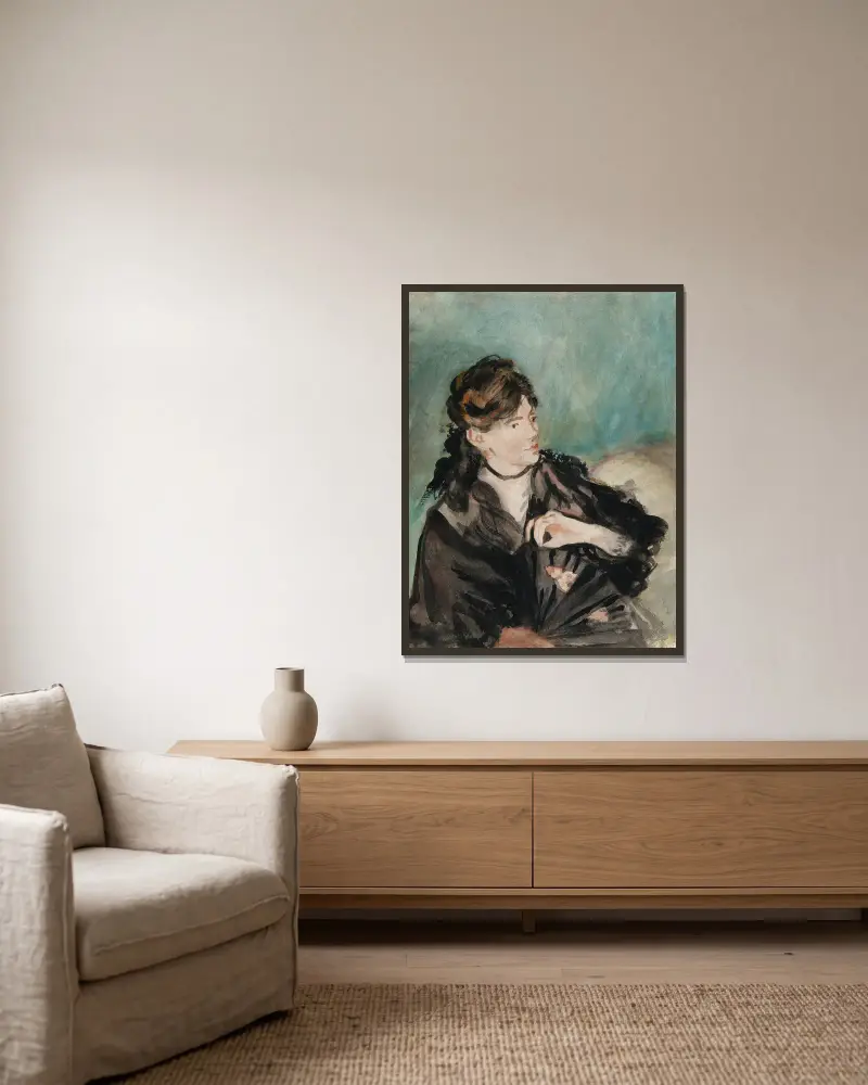 Portrait of Berthe Morisot with a Fan av Édouard Manet inramad på en vägg