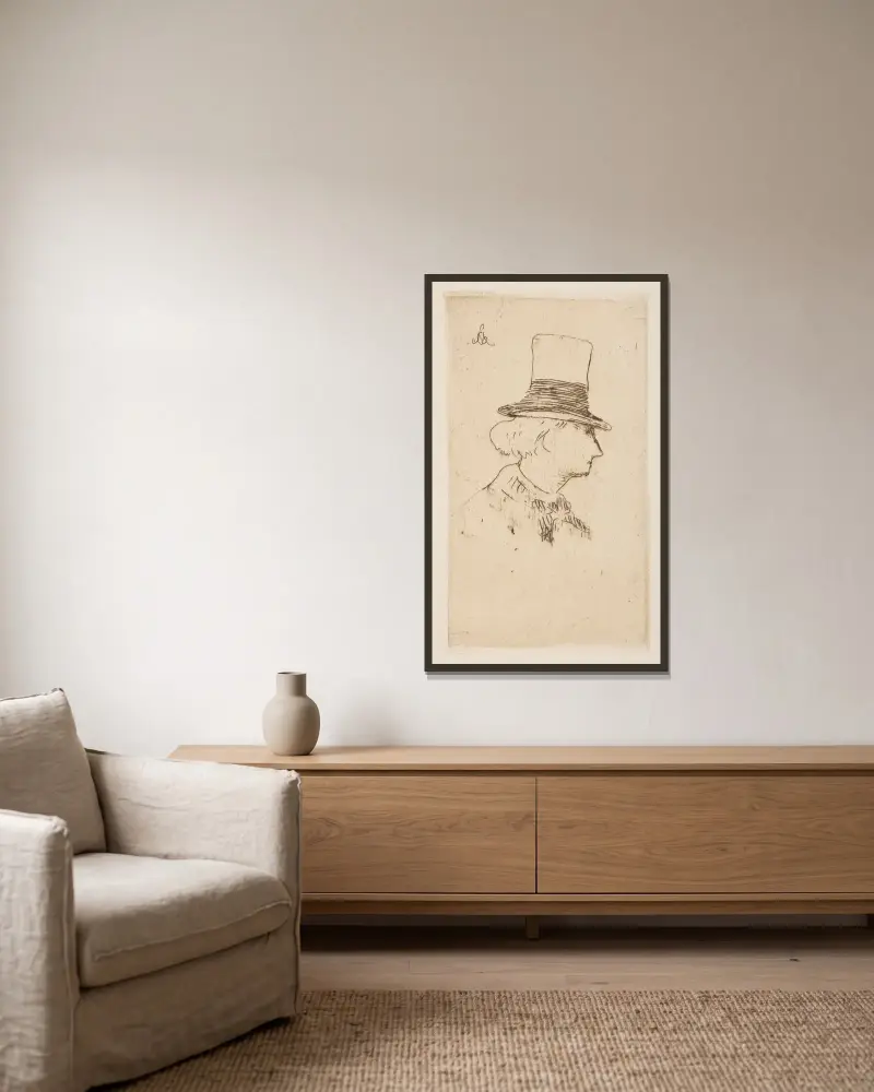 Portrait of Charles Baudelaire, in profile av Édouard Manet inramad på en vägg