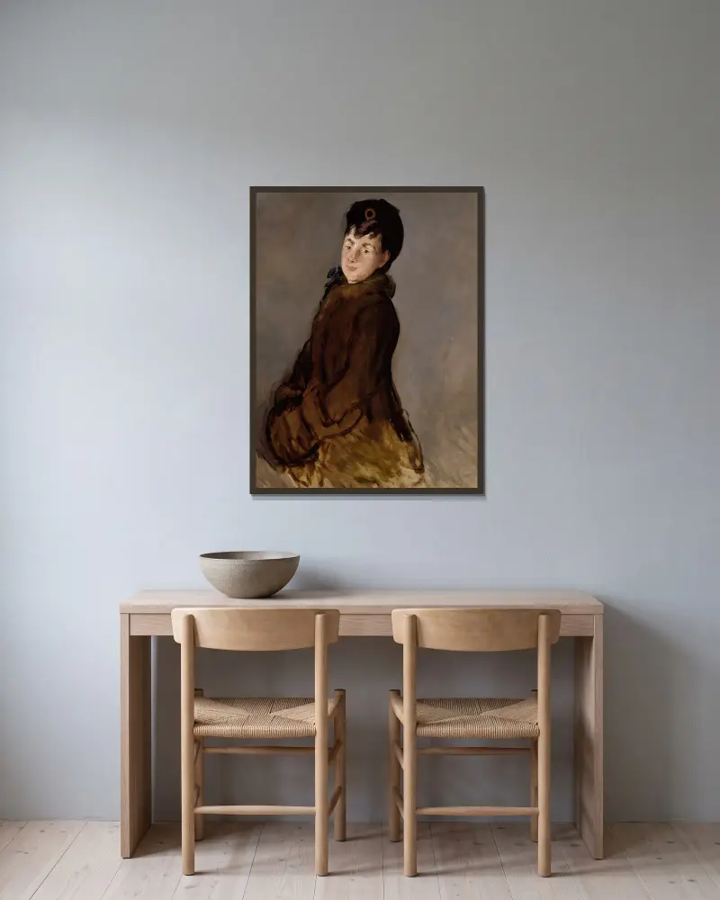 Portrait of Isabelle Lemonnier with a Muff av Édouard Manet inramad på en vägg