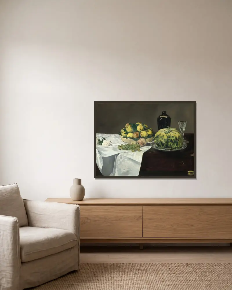 Still Life with Melon and Peaches av Édouard Manet inramad på en vägg