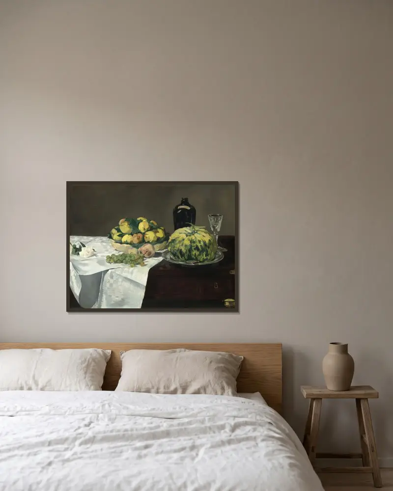 Still Life with Melon and Peaches av Édouard Manet inramad på en vägg