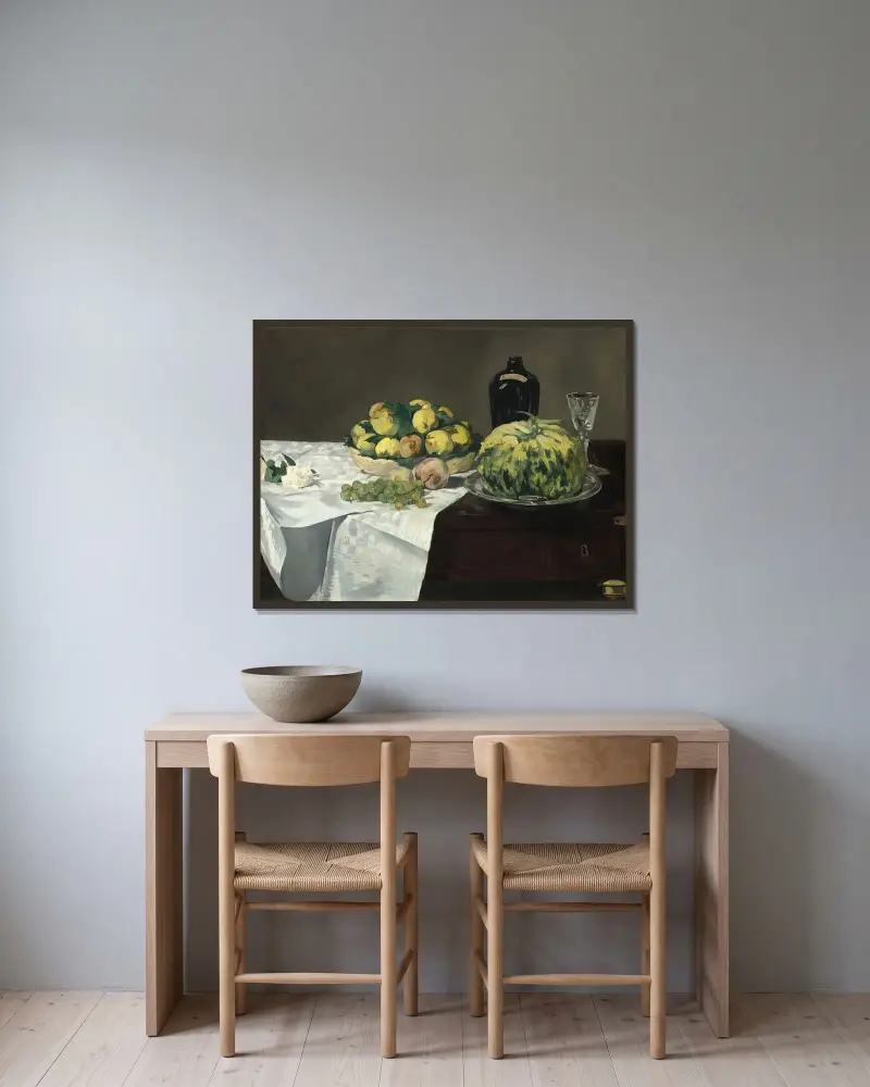 Still Life with Melon and Peaches av Édouard Manet inramad på en vägg