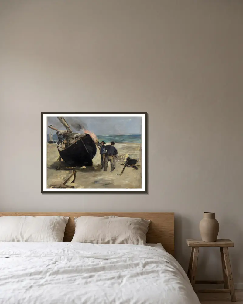 Das Teeren des Bootes von Édouard Manet gerahmt an einer Wand