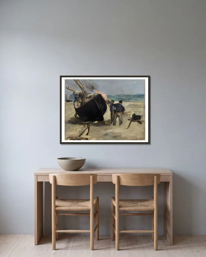 Das Teeren des Bootes von Édouard Manet gerahmt an einer Wand