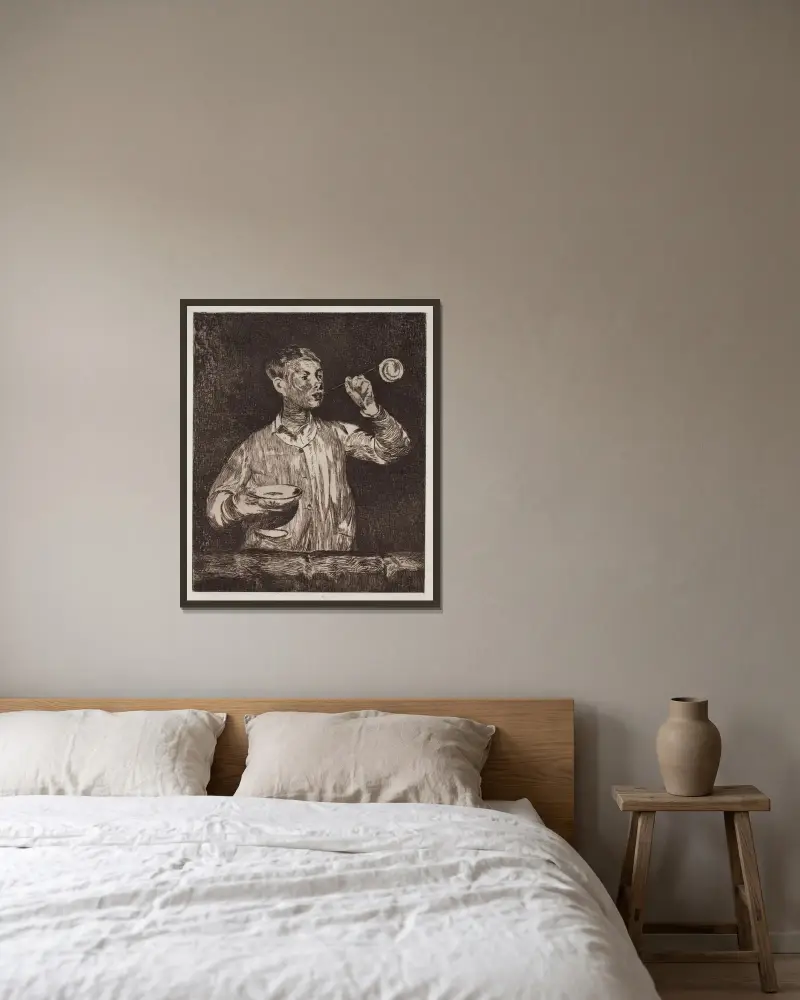 Der Knabe mit den Seifenblasen von Édouard Manet gerahmt an einer Wand