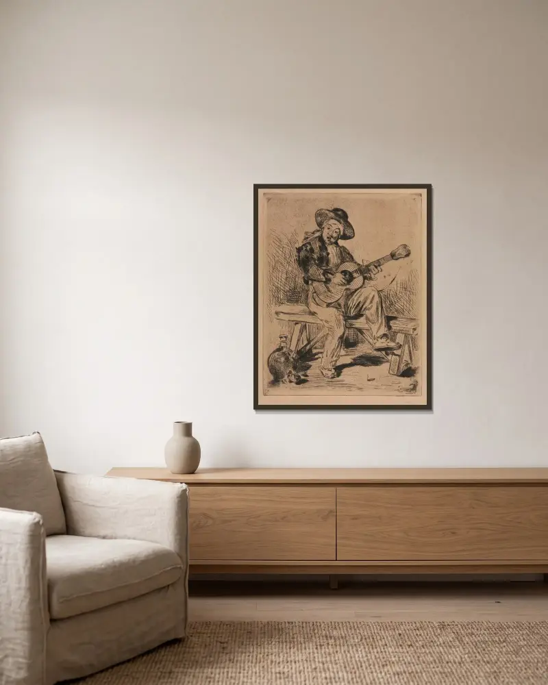 Der Gitarrist von Édouard Manet gerahmt an einer Wand