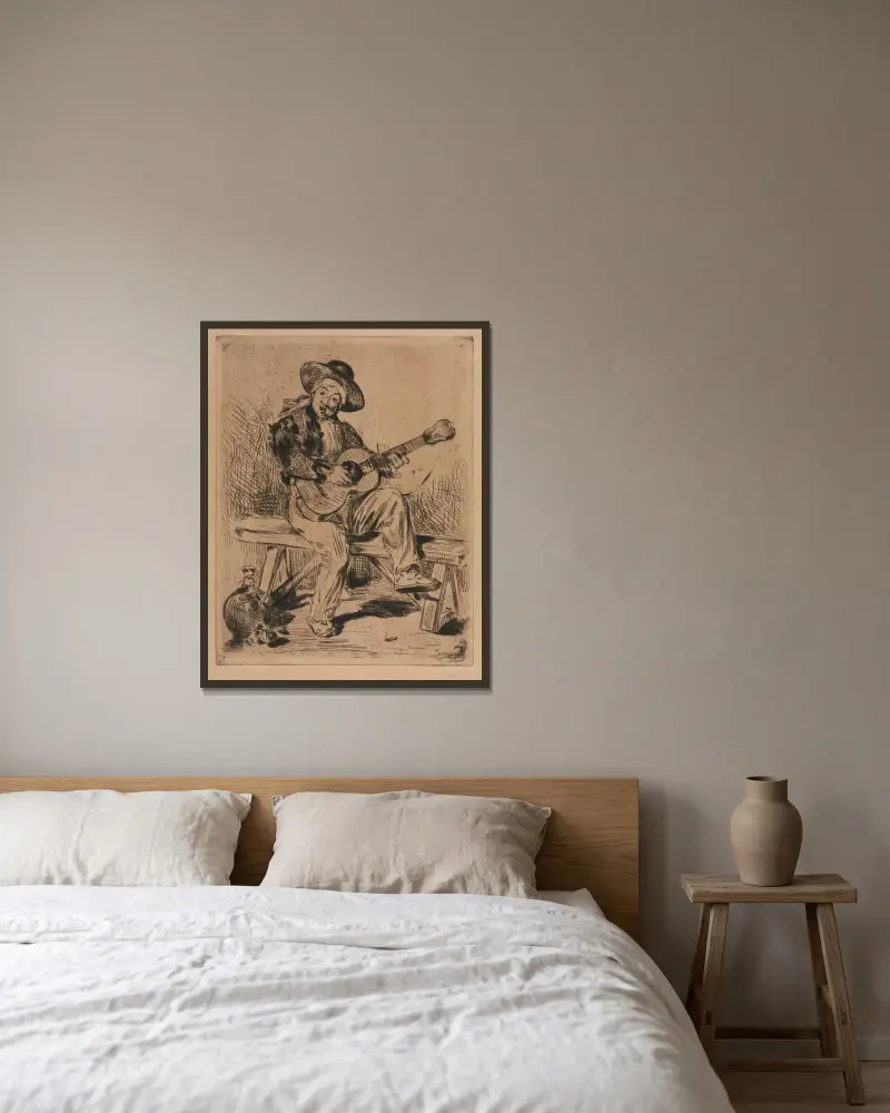 Der Gitarrist von Édouard Manet gerahmt an einer Wand