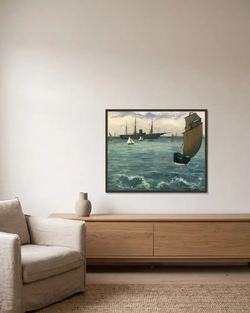 The ‘Kearsarge’ at Boulogne av Édouard Manet inramad på en vägg
