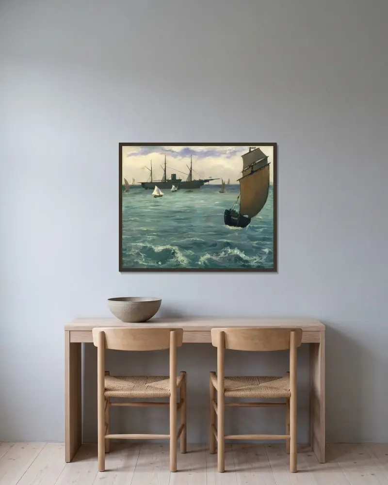 The ‘Kearsarge’ at Boulogne av Édouard Manet inramad på en vägg