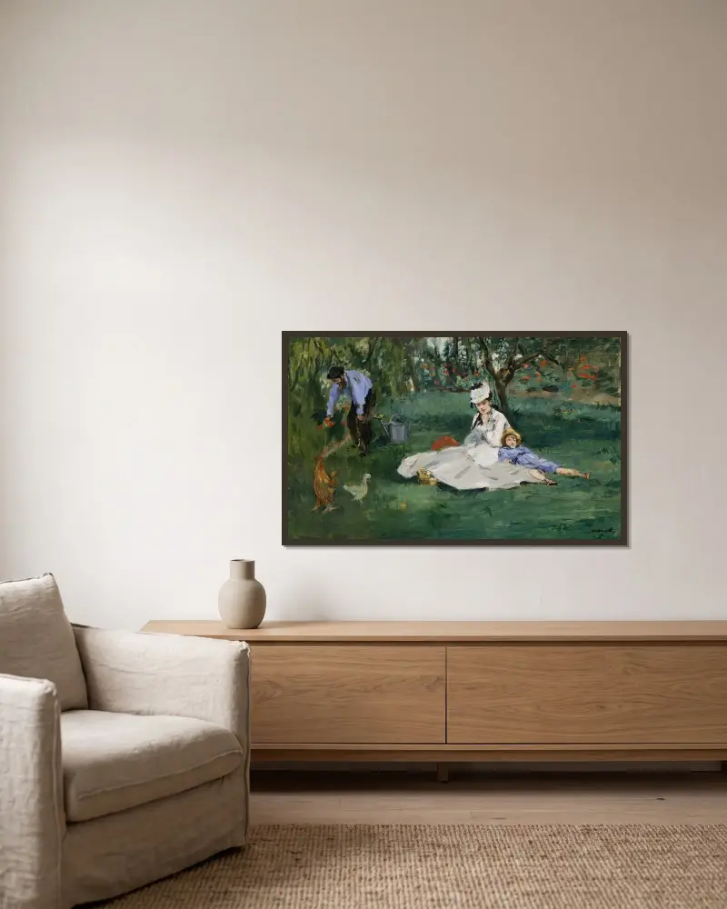 Die Familie Monet im Garten in Argenteuil von Édouard Manet gerahmt an einer Wand