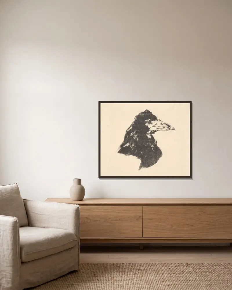 The Raven (Le corbeau); Design for the cover av Édouard Manet inramad på en vägg