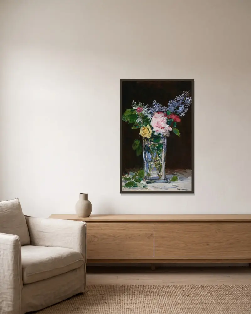 Vase de fleurs, roses et lilas av Édouard Manet inramad på en vägg