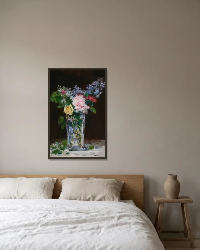 Vase de fleurs, roses et lilas av Édouard Manet inramad på en vägg