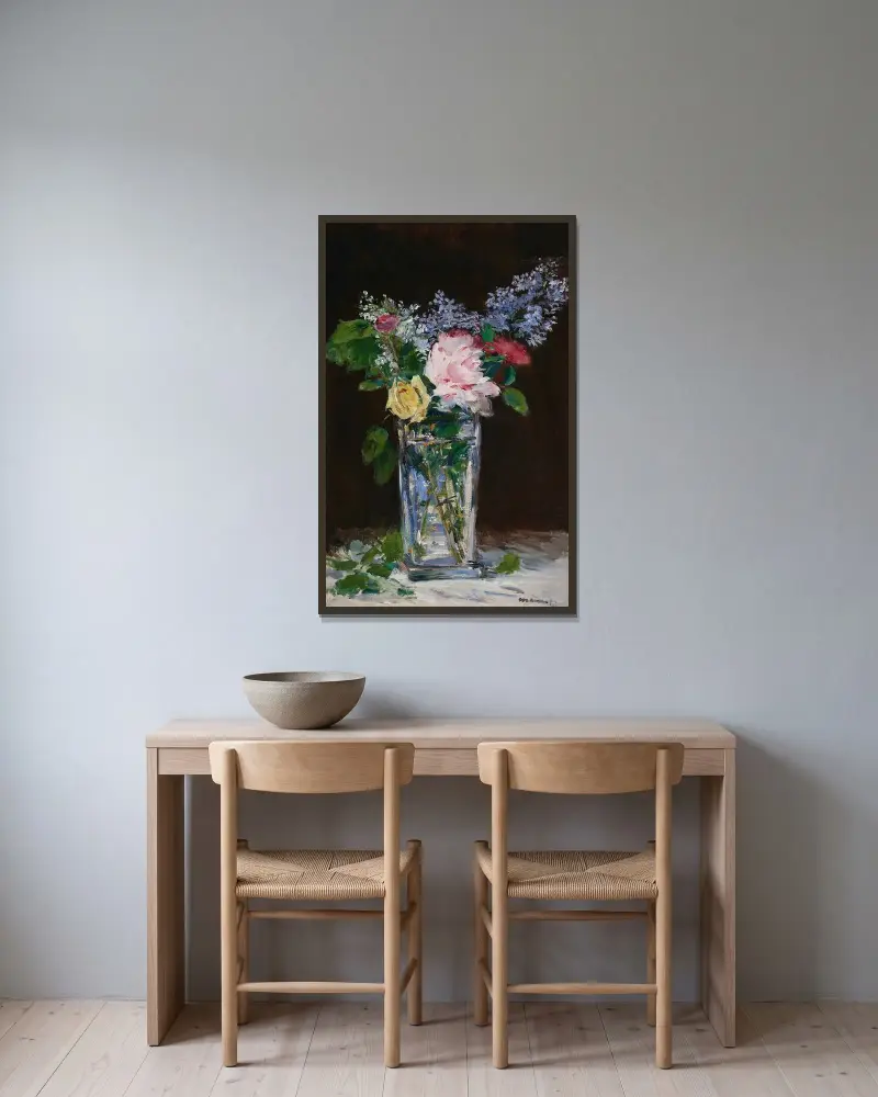 Vase de fleurs, roses et lilas av Édouard Manet inramad på en vägg