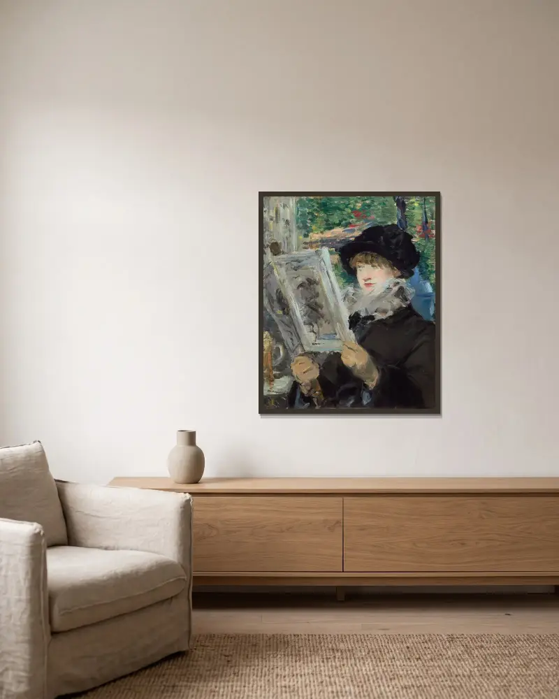 Lesende Frau von Édouard Manet gerahmt an einer Wand