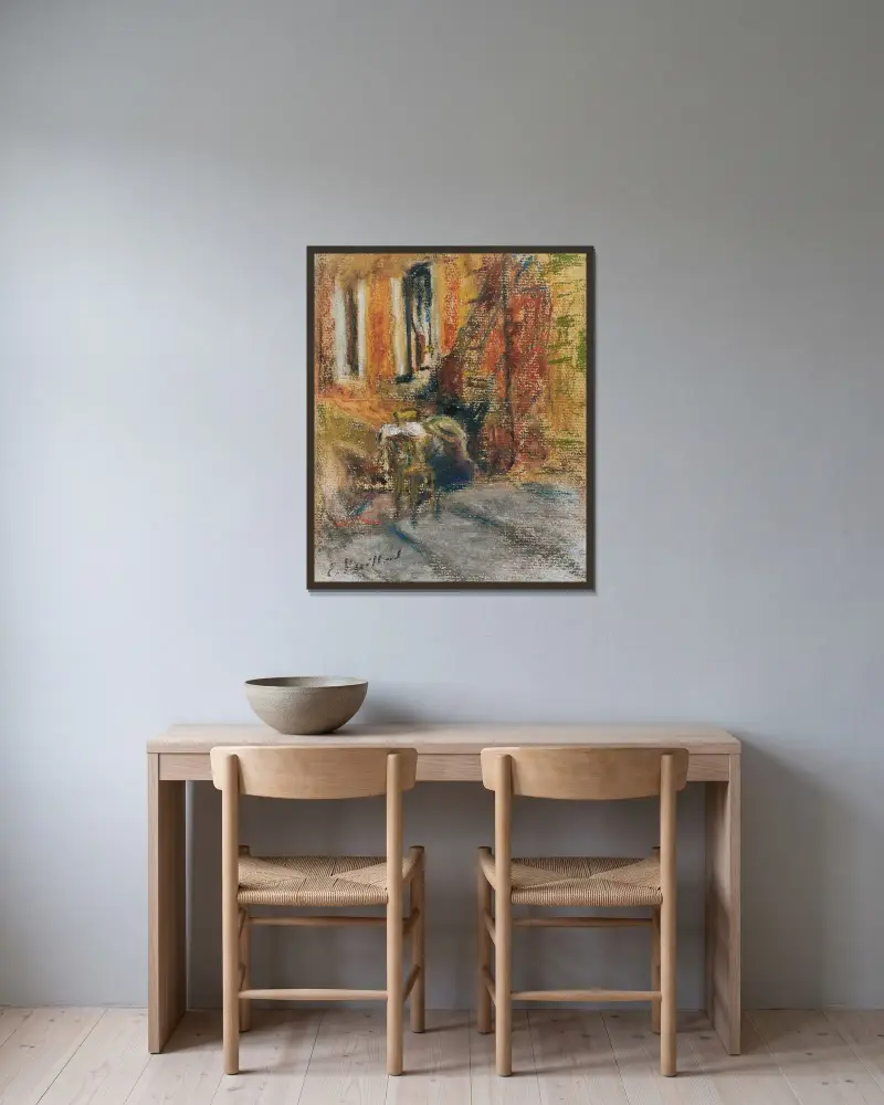 Två sittande figurer på trappan till ett hus av Édouard Vuillard inramad på en vägg