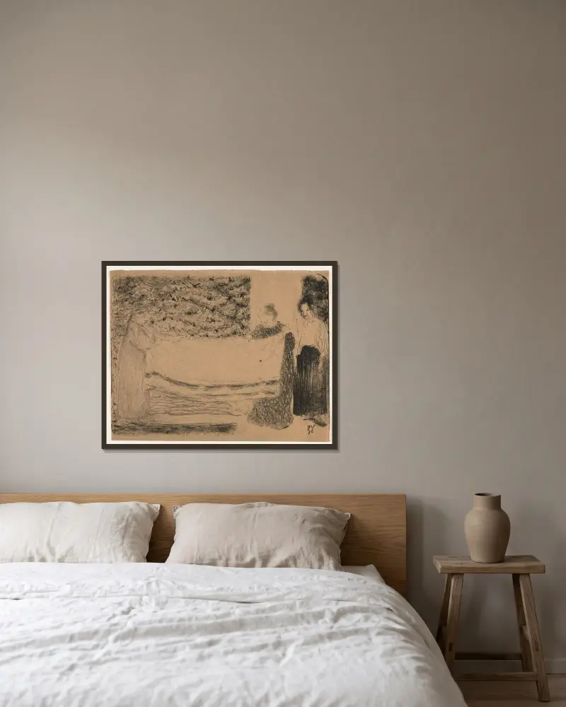 Folding the Linen av Édouard Vuillard inramad på en vägg