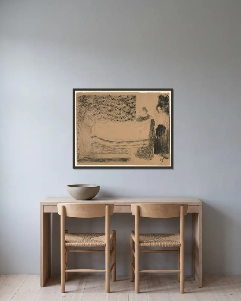 Folding the Linen av Édouard Vuillard inramad på en vägg