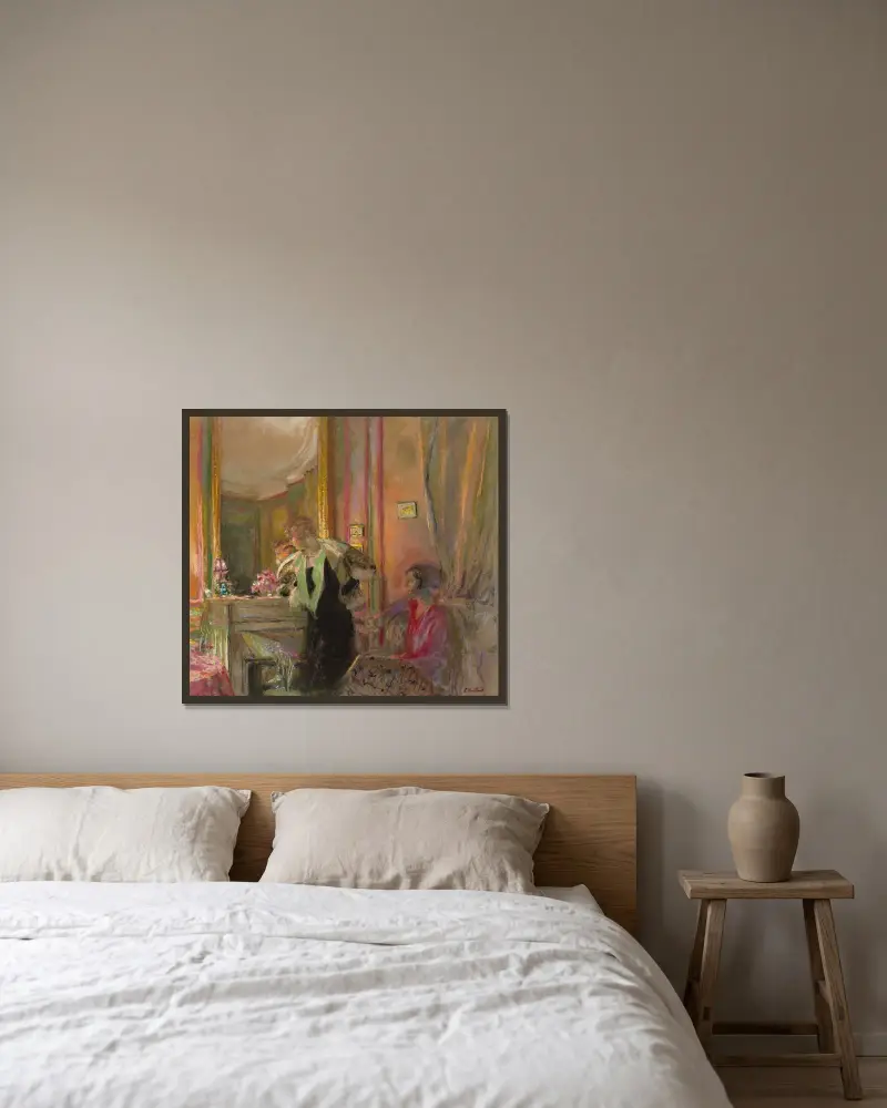 Gabrielle Jonas et sa fille Irène Montanet devant la cheminée av Édouard Vuillard inramad på en vägg