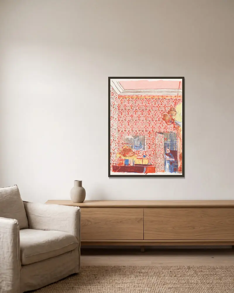 Interieur aux tentures roses I av Édouard Vuillard inramad på en vägg