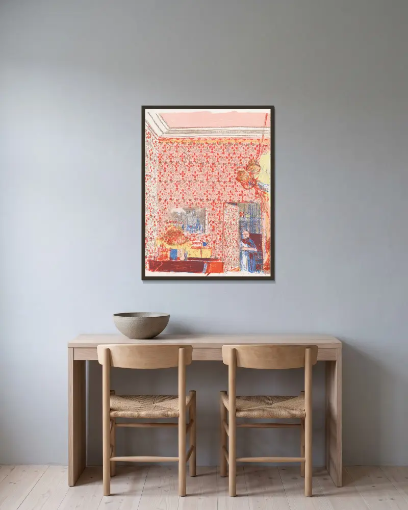Interieur aux tentures roses I av Édouard Vuillard inramad på en vägg