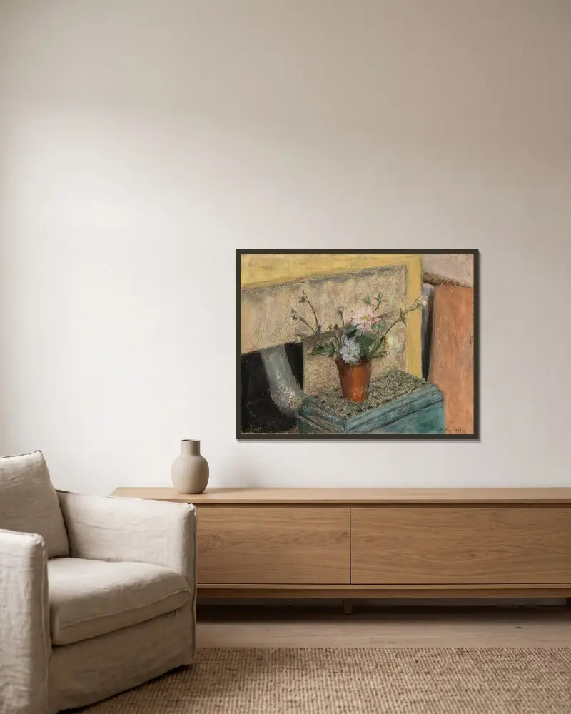 Der Blumenstrauß auf dem Mirus-Ofen von Édouard Vuillard gerahmt an einer Wand