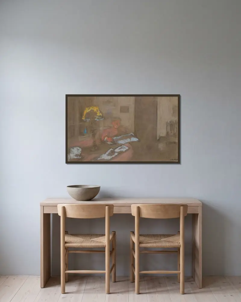 Madame Vuillard Lisant Le Journal av Édouard Vuillard inramad på en vägg