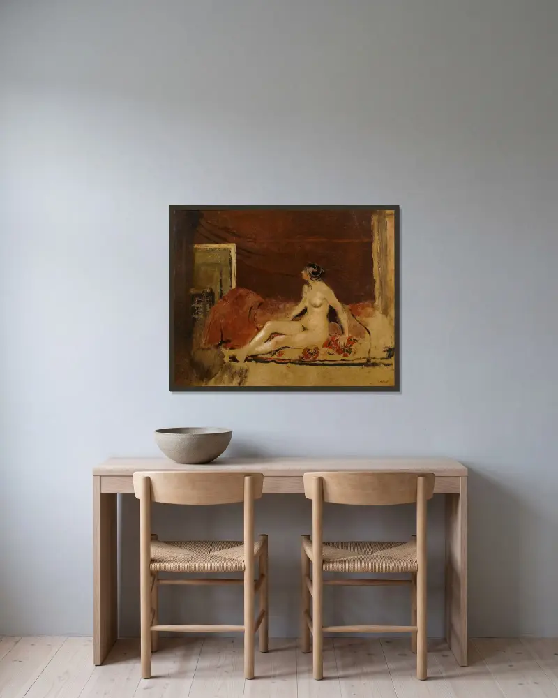 Akt på en filt med rött blommönster av Édouard Vuillard inramad på en vägg