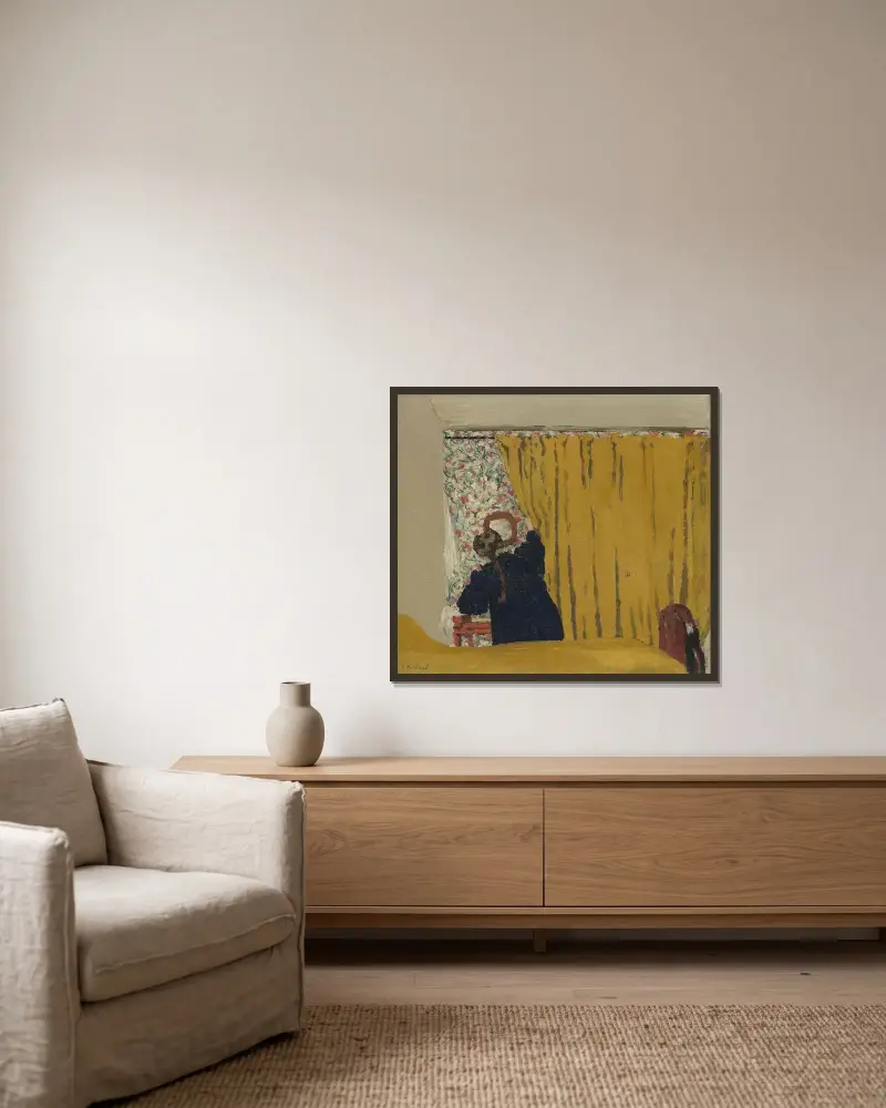 The Yellow Curtain av Édouard Vuillard inramad på en vägg