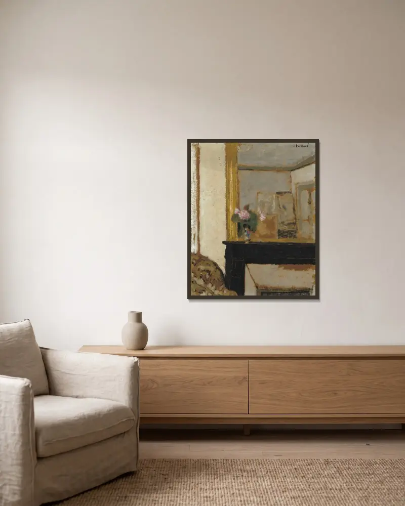 Blumenstillleben auf einem Kaminsims von Édouard Vuillard gerahmt an einer Wand