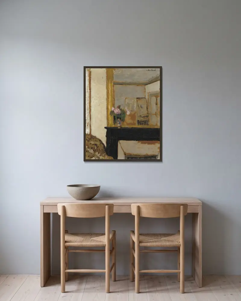 Blumenstillleben auf einem Kaminsims von Édouard Vuillard gerahmt an einer Wand