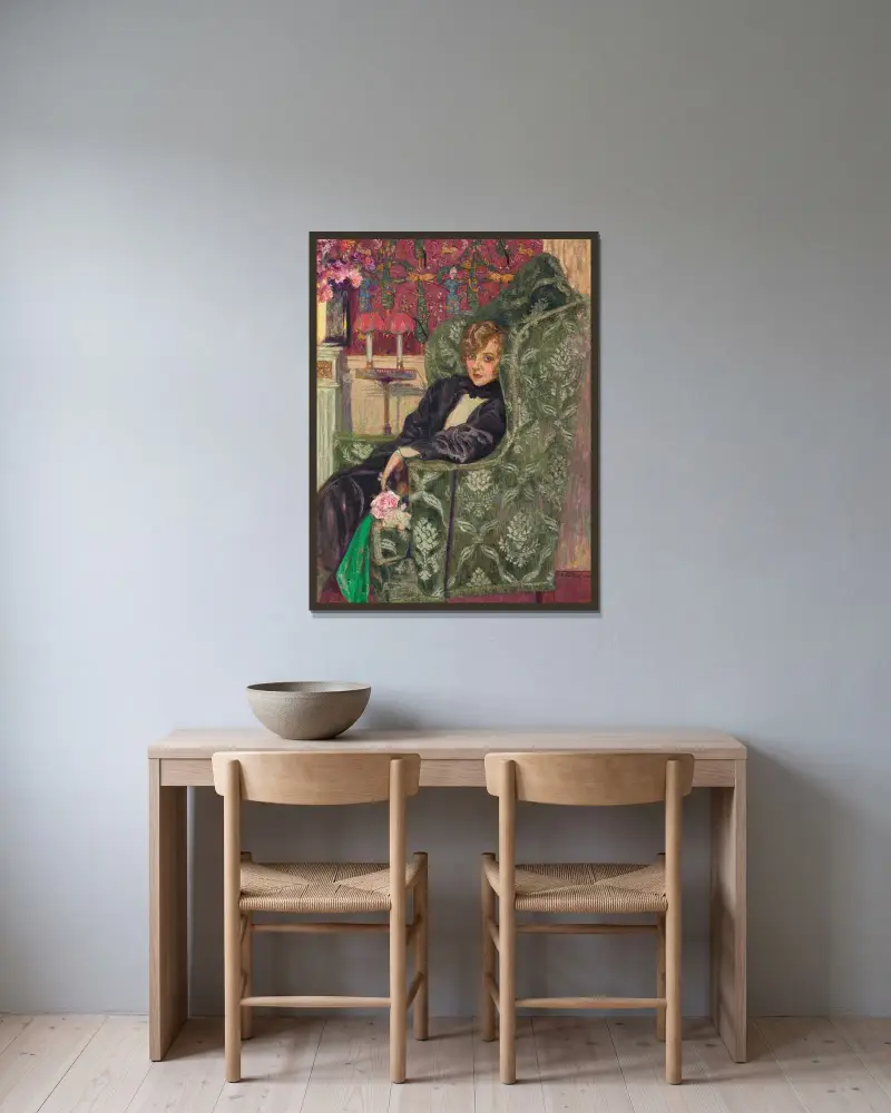 Yvonne Printemps au fauteuil av Édouard Vuillard inramad på en vägg