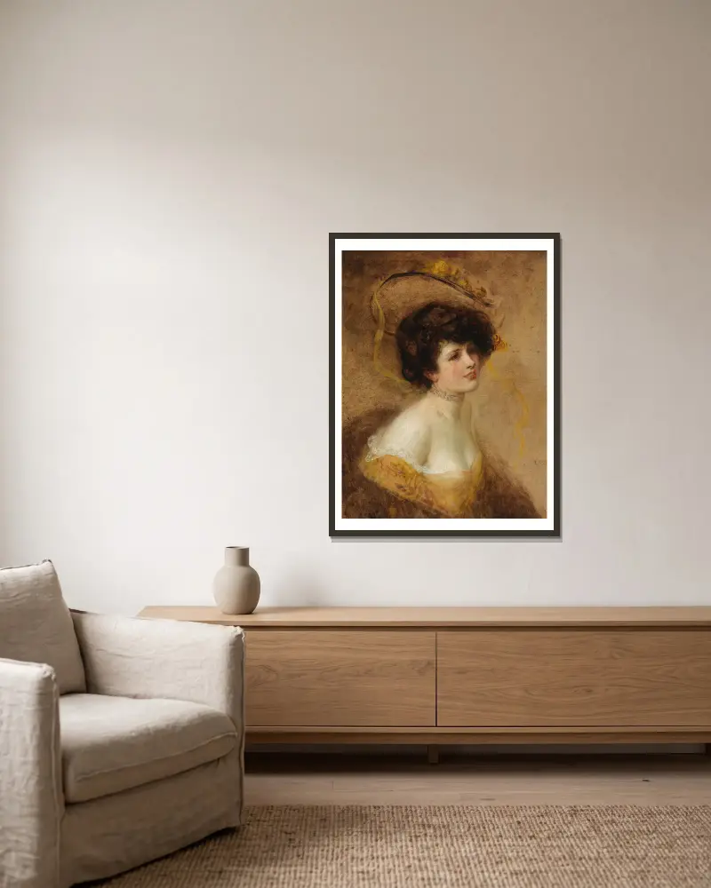 Dame mit Hut in gelbem Kleid – nr 1 av Eduard Veith inramad på en vägg